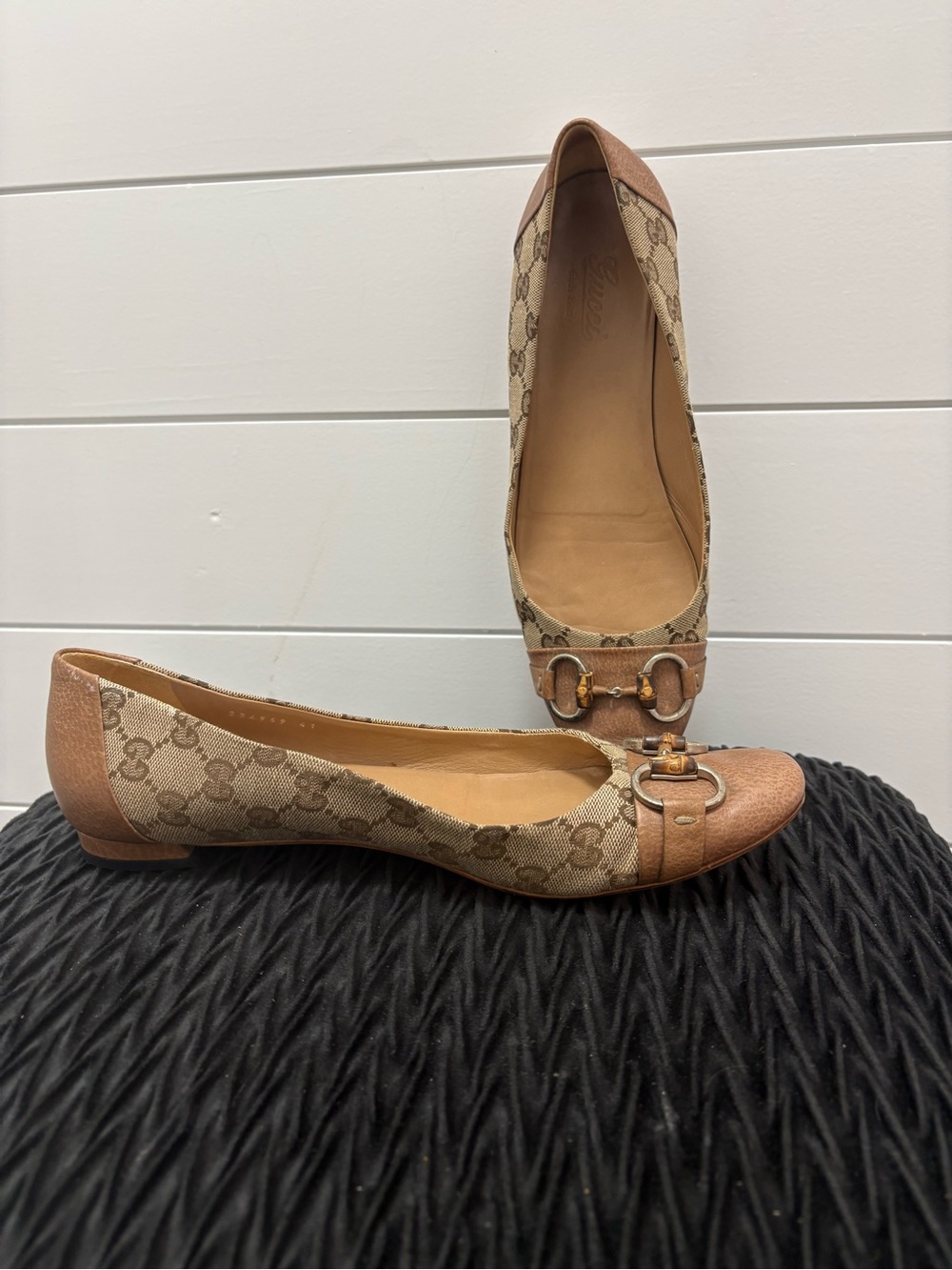 Gucci Beige/Brown Monogram Canvas Horsebit Ballet Flats